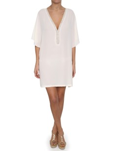 Vestido blusón de gasa coral con cristales en escote 2